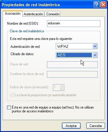 Si no aparece la opción WPA2 o WPA en "Autenticación de red" es porque la tarjeta de red o el driver de la misma no soportan dicho
