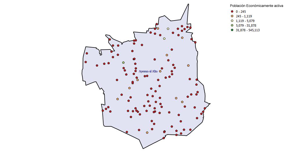 En la Figura 4 se observan las localidades con la población de PEA del municipio Figura 4. Localidades con población económicamente activa. Fuente: INEGI 2010.