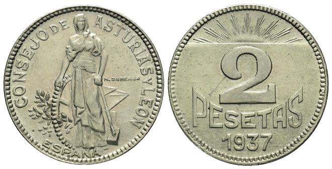 70 888 2 pesetas. 1937. Asturias y León. (Cal-4). Cu-Ni.