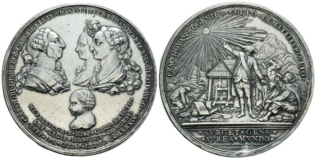 Sesión 3ª - 29 de Junio de 17 1162 Carlos III (1759-1788). Medalla. 1784. México. Ag. 82,89 g. Institución del Gremio de Mineros. Por Gerónimo A. Gil. 62 mm. Rotura de cuño en anverso. Limpiada. MBC+.