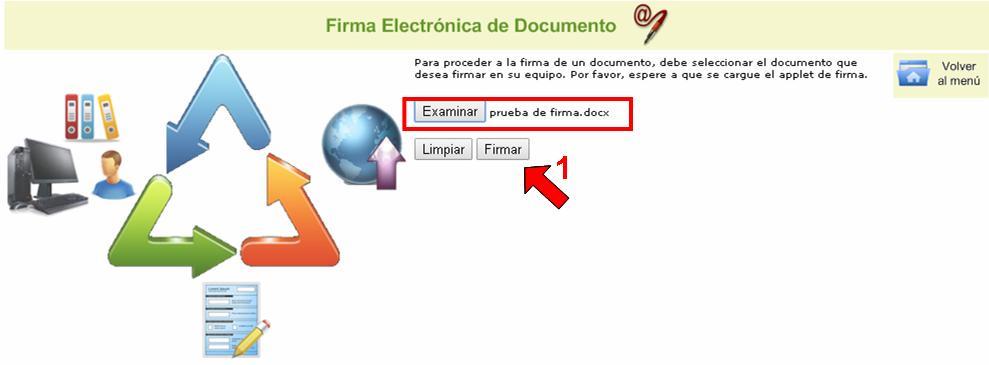 5.2. Firma de documentos ODT y DOCX Si el documento elegido es del formato DOCX o DOC, se cargará la pantalla informando del nombre del fichero a firmar.