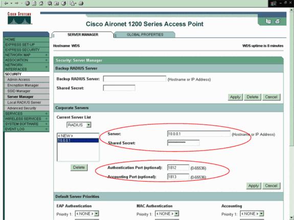 5. Seleccione la dirección IP WDS AP como prioridad 1 bajo prioridades predeterminadas del servidor para la autenticación EAP.