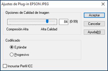 Ajustes de archivos EPSON JPEG Puede seleccionar de los siguientes ajustes opcionales en la ventana Ajustes de Plug-in EPSON JPEG de Easy Photo Scan.