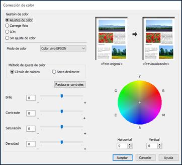 Opciones personalizadas de corrección de color - Windows Puede seleccionar cualquiera de las opciones disponibles en la ventana Corrección de color para personalizar los colores de imágenes en su
