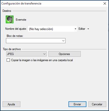 Verá una ventana como esta: Nota: Si ya configuró una cuenta de Evernote en Easy Photo Scan, puede seleccionar el Nombre del ajuste o Nombre del destino de la cuenta y hacer clic en Enviar para subir