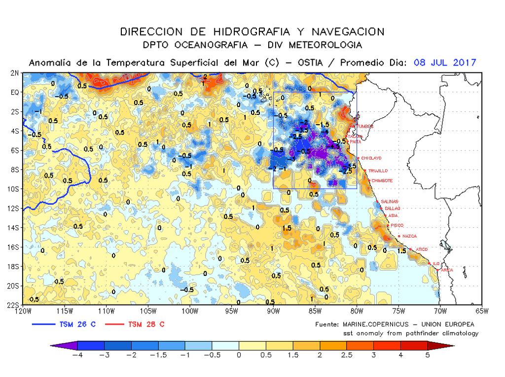Por otro lado, en la región Niño 1+2 la temperatura disminuye hacia las costas de Ecuador y Perú, desde 23 C hasta 19 C aproximadamente.