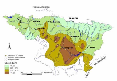 03. SALINIZACIÓN Es de señalar la concentración relativamente baja de los cuatro tributarios con mayores aportaciones de agua al Ebro: Cinca-Fraga (MS=1,36 MTm/año; SDTp=491 mg/l), Segre-Serós