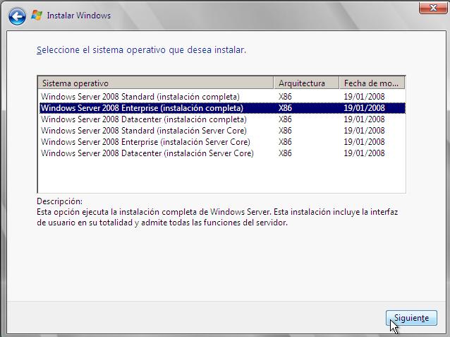 versión Windows Server 2008 Enterprise (Instalación Completa), para tener una interfaz