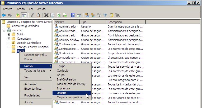Creación de Usuarios Active Directory Fuente (Elaboración Propia) Se procedió a la creación de las cuentas con los nombres de cada usuarios, si se tiene el caso de que existan dos trabajadores