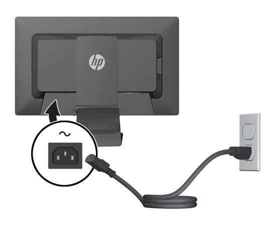 5. Conecte un extremo del cable de alimentación en el conector de alimentación de CA en la parte trasera del monitor, y el otro extremo a una toma eléctrica de CA. ADVERTENCIA!