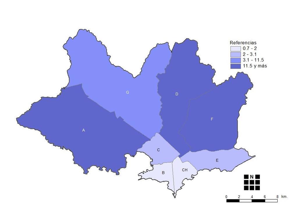 El porcentaje de hogares pobres es menor en los municipios que corresponden a la costa sur del departamento (municipios CH y B).