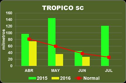 La distribución de lluvias en julio/2016, estuvo por debajo de los parámetros normales y a la registrada del mismo mes del año agrícola anterior.