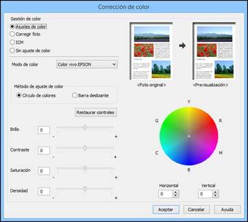 Opciones personalizadas de corrección de color - Windows Puede seleccionar cualquiera de las opciones disponibles en la ventana Corrección de color para personalizar los colores de imágenes en su
