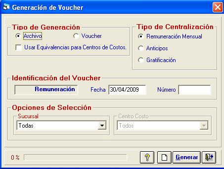 1.11.5.6. Centralizar Este formulario permite generar la Centralización, la cual se verá reflejada en un Voucher que permitirá ser ingresado a la contabilidad de la empresa.