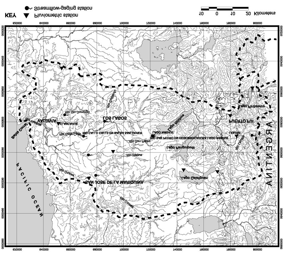 Figura 1: Ubicación de limnímetros y pluviómetros en la cuenca de Valdivia. DATOS HIDROLOGICOS DE CAUDALES Y PRECIPITACIONES La ubicación de los limnímetros en la cuenca se observa en la figura 1.