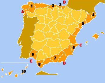 b) Nombre de las provincias costeras numeradas: 1) Lugo; 2) Cantabria; 3) Vizcaya; 4) Gerona; 5) Tarragona; 6) Alicante; 7) Granada; 8) Cádiz; 9) Huelva; 10) Las Palmas.
