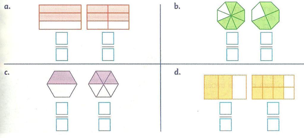 4) Escribe la fracción que representa el área coloreada en cada polígono y determina cuales parejas de fracciones