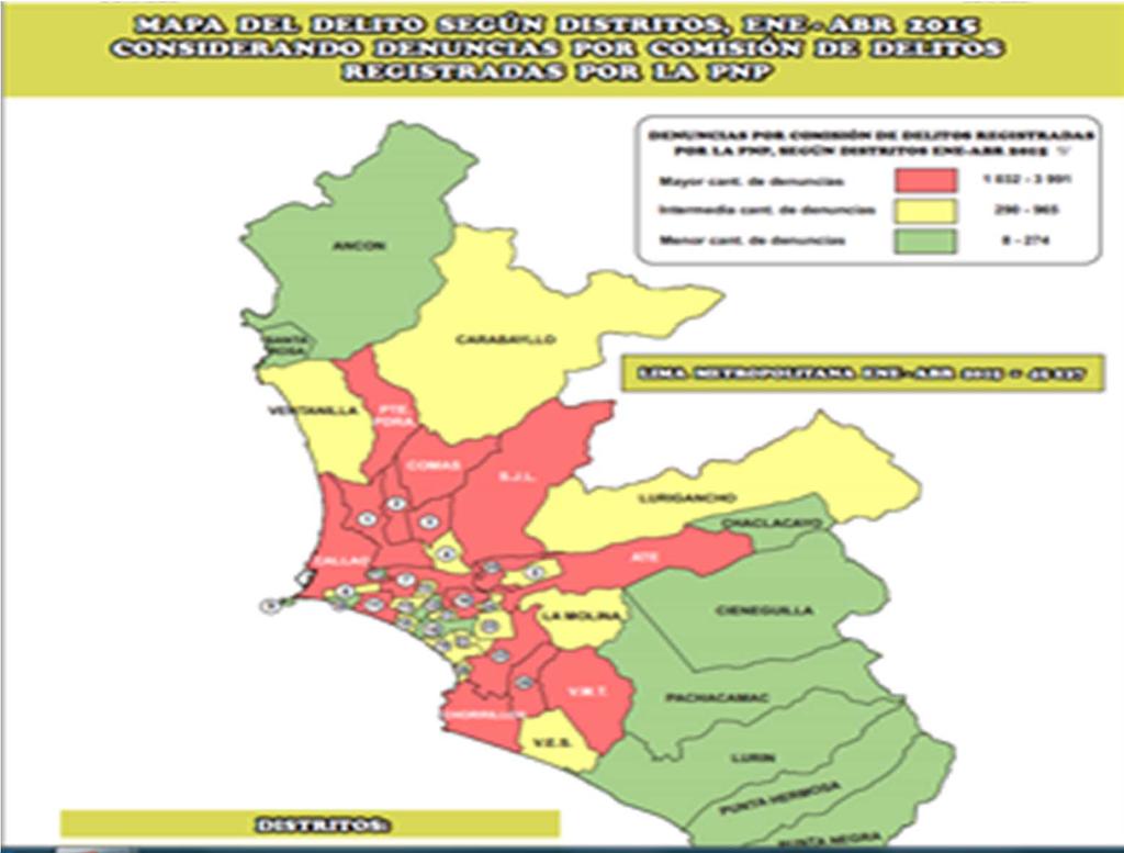 Reto: Implementar el Observatorio de Seguridad Ciudadana a nivel nacional Mapas del Delito: Proveen datos sobre el índice delictivo en los departamentos del país y distrito de Lima Metropolitana y el