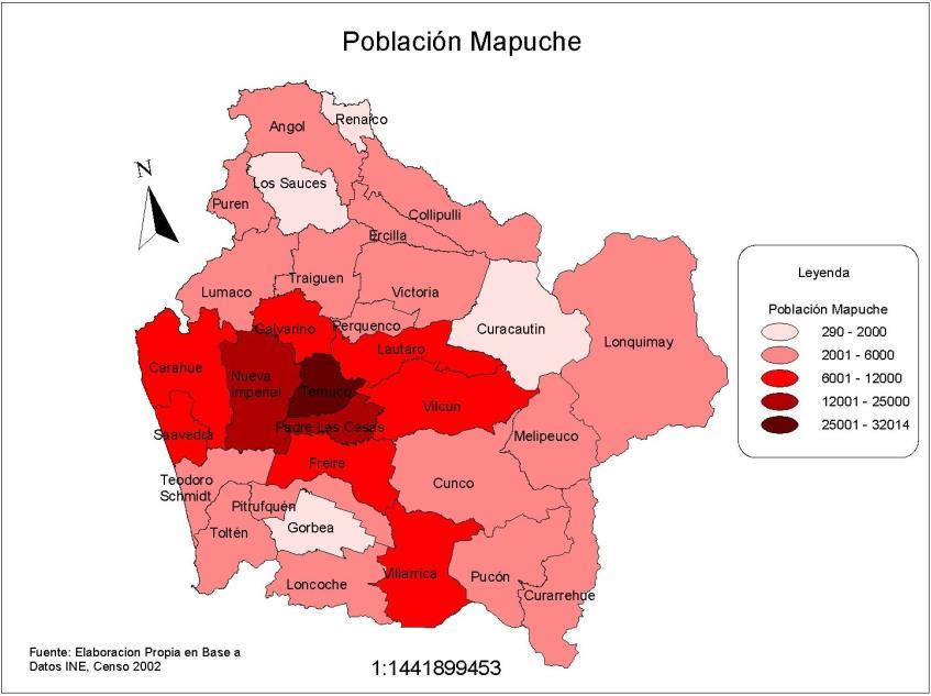 La población mapuche en la región aparece relativamente concentrada en una franja central, que va desde la costa hasta la base de la cordillera, además de la comuna de Villarrica, al sur.