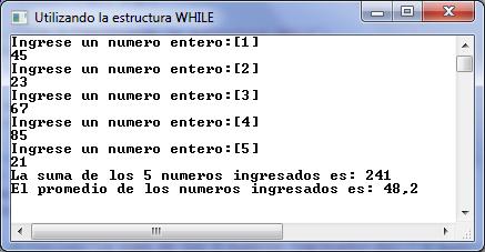 Procedimiento Realice los siguientes programas: G6 Ejemplo1: Escriba un programa que lea 5 números desde teclado y presente la sumatoria de los mismos. Hacer uso de la estructura repetitiva while.