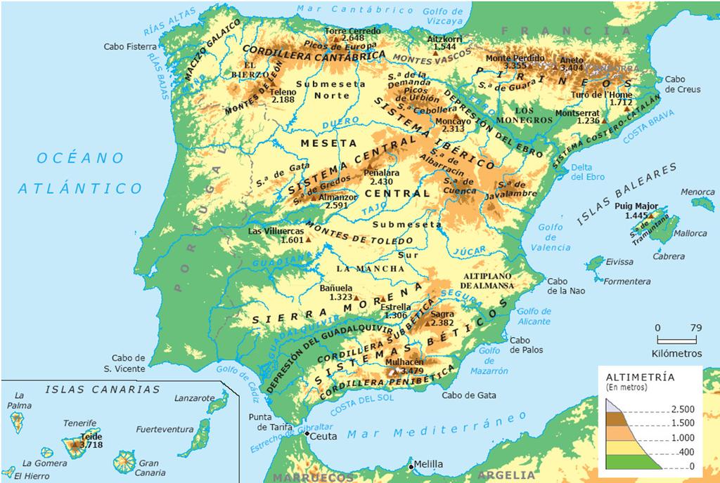 2.- Características básicas del relieve español Es una península «maciza», un cuadrilátero de 581.