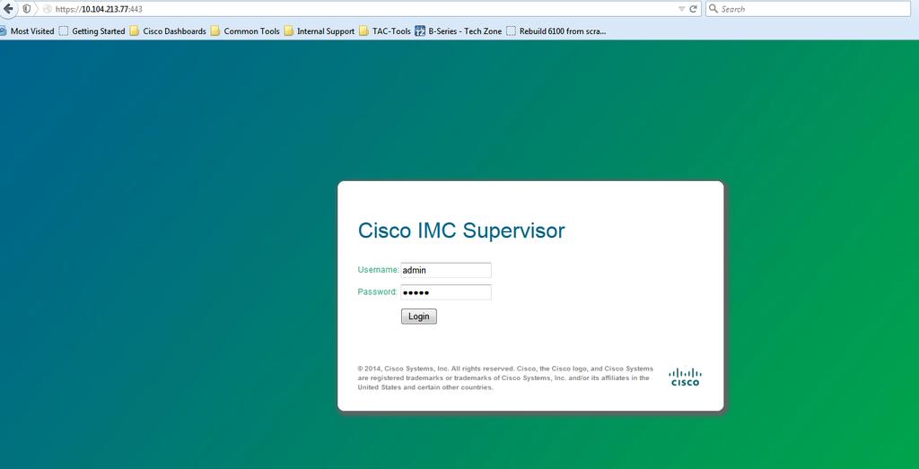 l. Después de que el dispositivo haya arrancado, transferencia la dirección IP del supervisor de Cisco IMC en un buscador Web soportado a acceder En la página de registro admin como el nombre
