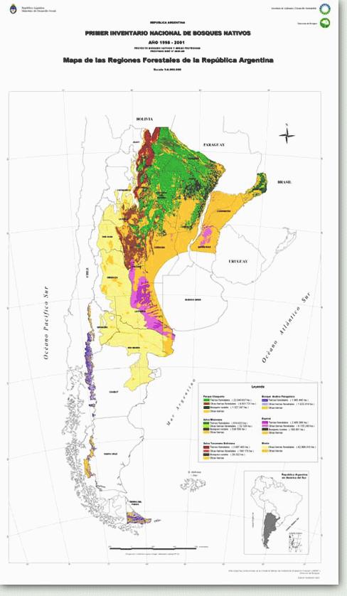 En el Primer Inventario Nacional de Bosques Nativos (PINBN) se definieron ecosistemas forestales argentinos, como se muestra en la Figura 79.. Figura 79: Ecosistemas forestales argentinos.