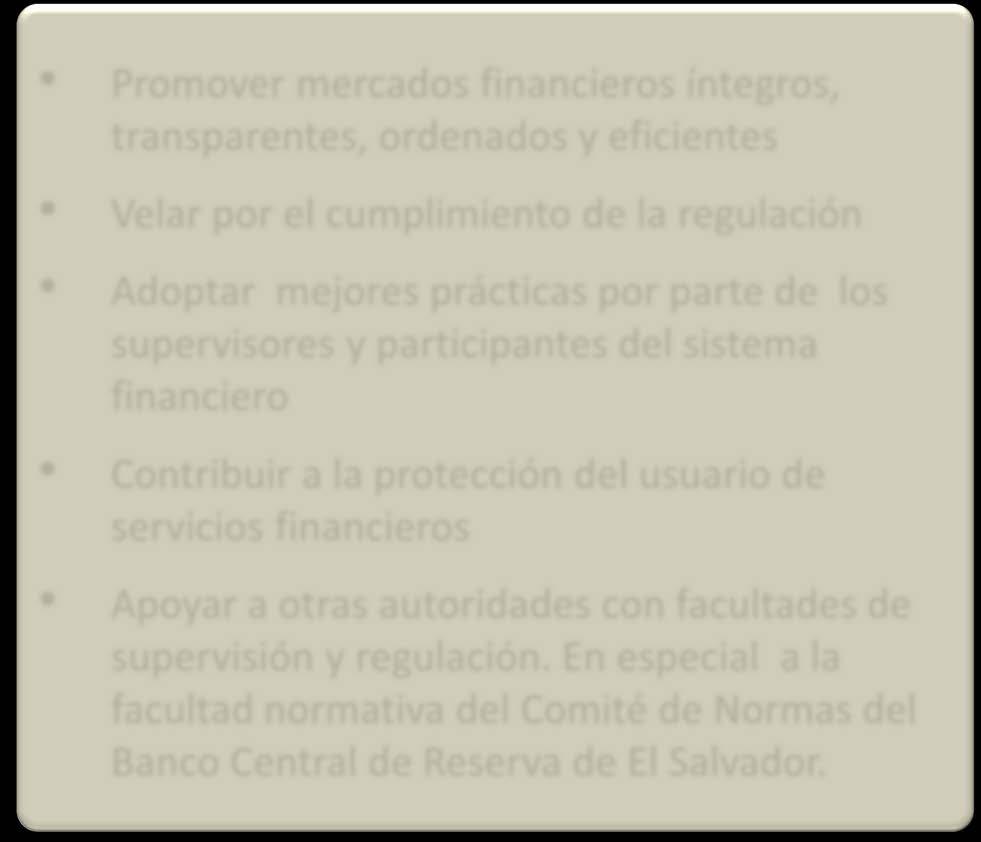 Marco General de Supervisión Promover mercados financieros íntegros, transparentes, ordenados y eficientes Velar por el