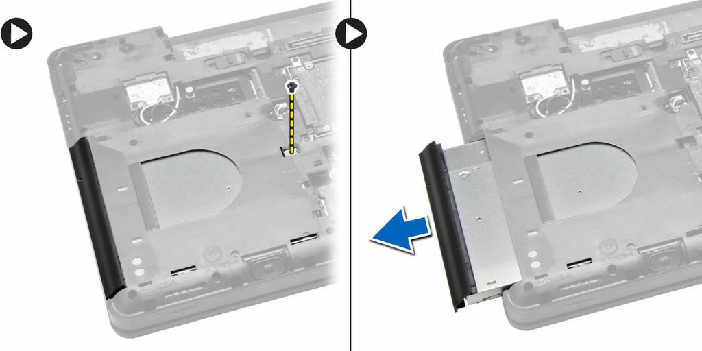 Instalación de la caja de la unidad de disco duro 1. Coloque la para para unidades de disco duro en su lugar. 2. Apriete los tornillos que fijan la caja de la unidad de disco duro. 3. Coloque: a.