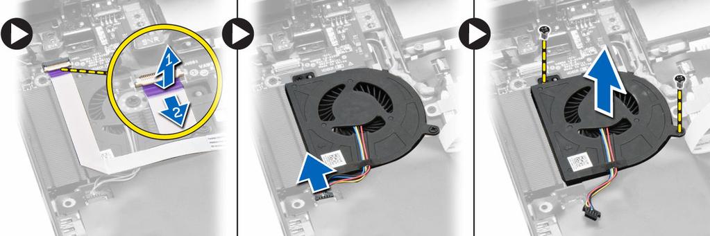 f. la batería g. la tarjeta SD 4. Siga los procedimientos que se describen en Después de trabajar en el interior del equipo. Extracción del ventilador del sistema 1.