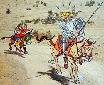 Don Quijote recorre los caminos en busca de personas con problemas a quien ayudar y siempre lucha contra las injusticias; va con su escudero y amigo, Sancho Panza, que se preocupa siempre de otras