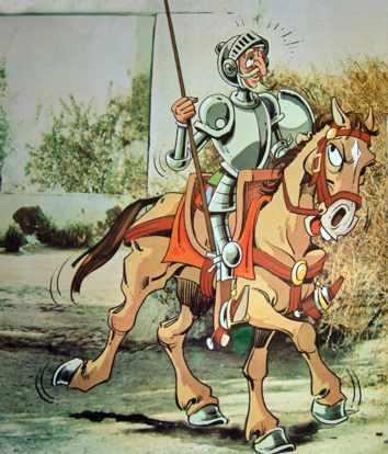 Una mañana de julio, Don Quijote coge sus armas, monta su