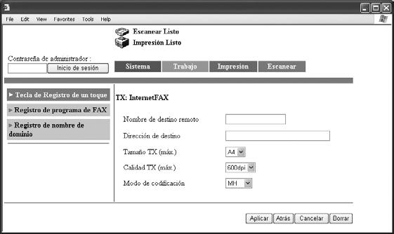 Configurar los ajustes mediante PageScope Web Connection 9 Si se selecciona "TX: InternetFAX" Ajuste Nombre de destino remoto Dirección de destino Descripción Permite introducir el nombre del
