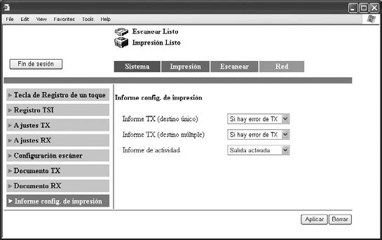9 Configurar los ajustes mediante PageScope Web Connection Configurar los ajustes de impresión del informe 1 En el modo de administrador, haga clic en la ficha Escanear.