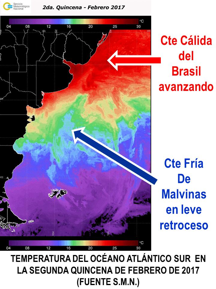 2 EL ESTADO DEL OCÉANO ATLÁNTICO SUR El Océano Atlántico Sur exhibe una puja entre la corriente marina cálida del Brasil, que aporta agua cálida desde el Ecuador hacia el Sur, y la corriente marina