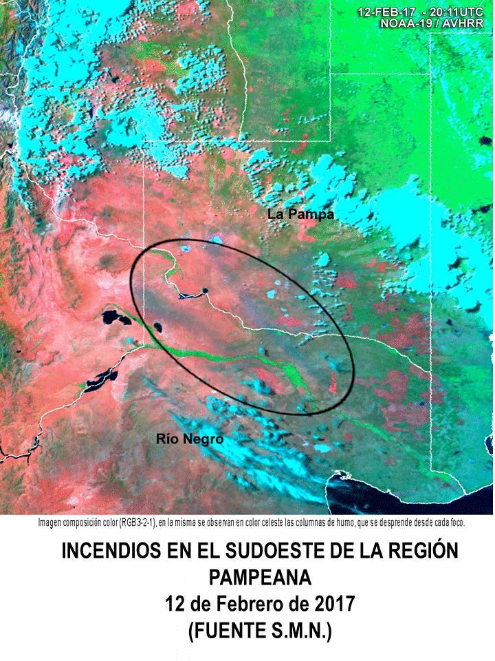 6 INCENDIOS EN EL SUDOESTE DEL ÁREA AGRÍCOLA ARGENTINA La imagen satelital difundida, a mediados de Febrero, por el Servicio Meteorológico Nacional Argentino, mostraba los incendios producidos por la