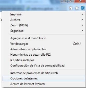Internet Explorer (v11) Dirigirse a Opciones de Internet dentro del menú Herramientas del navegador: Se abrirá una ventana como la que aparece en la imagen.
