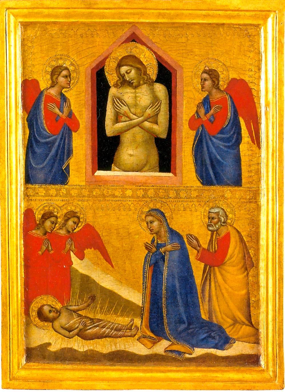 Adoración de Jesús Niño y Cristo muerto con ángeles En todo el arte cristiano se hallan acoplamientos paradójicos semejantes a los que presenta esta pequeña tabla del siglo XIV de Francescuccio