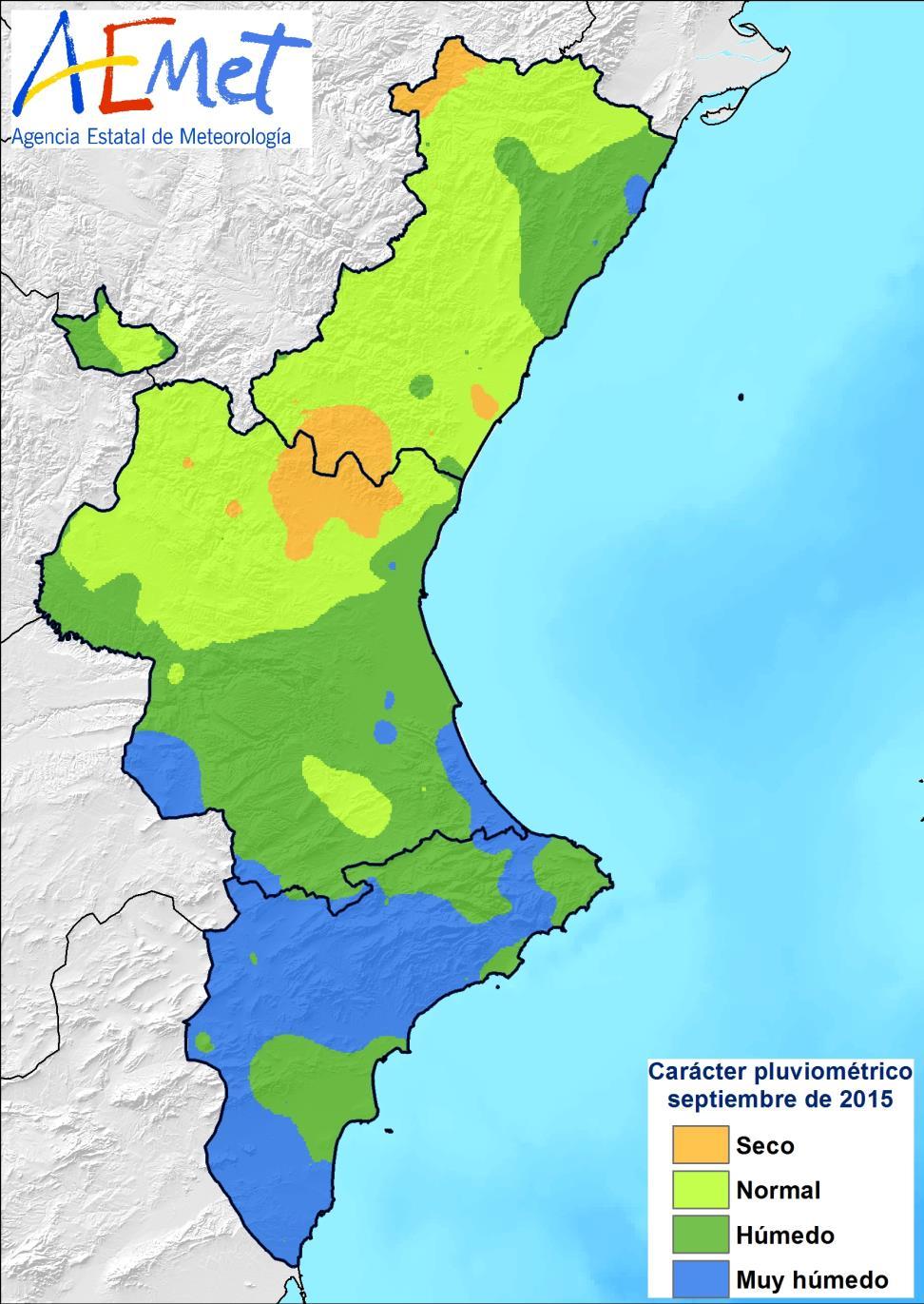 El mes ha tenido un carácter seco en el 5% del territorio, situado en zonas de la comarca del Camp de Turia, y de forma más aislada en zonas de L Alt Palància, Plana Baixa y Els