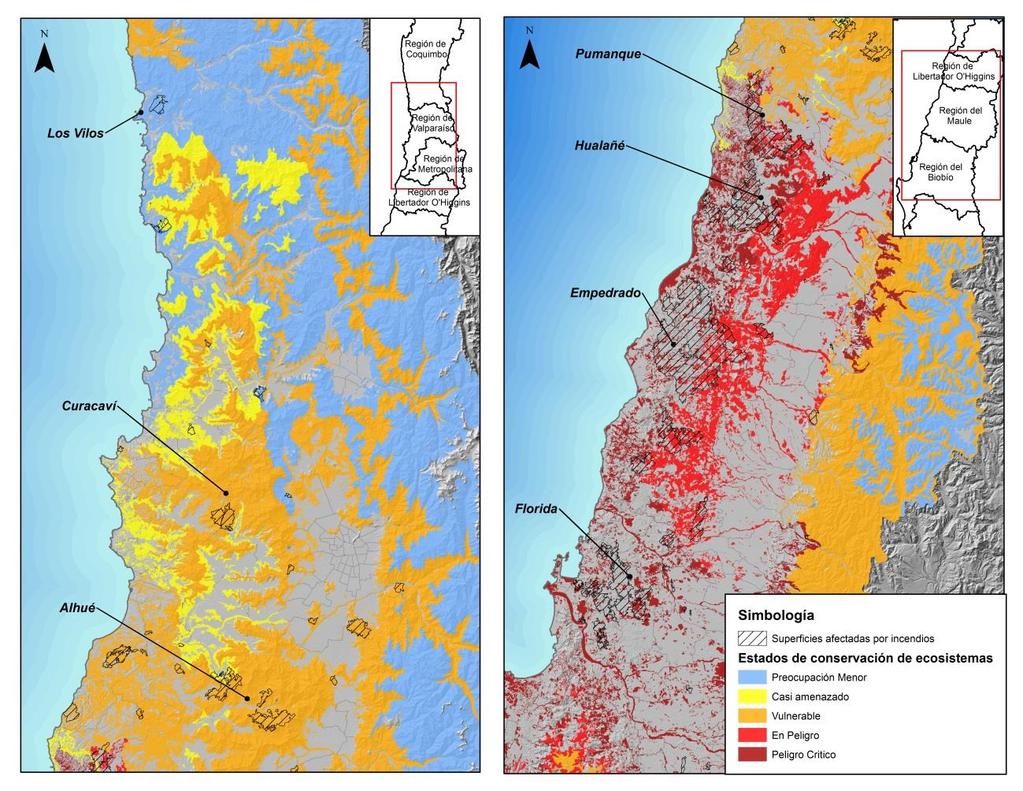 3.2 Evaluación de Incendios Forestales sobre ecosistemas naturales entre las regiones de Coquimbo y La Araucanía 3.2.1 Ecosistemas naturales afectados por los incendios La superficie total afectada por los incendios forestales desde el 1 de enero al 10 de febrero de 2017 sumaron 518.