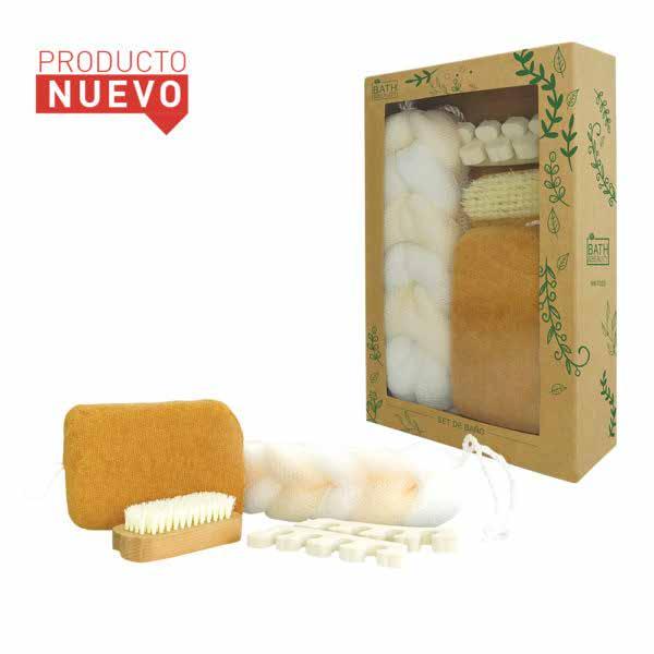 Set De Baño Bath & Beauty 1 esponja forrada en toalla color café y cordón para colgar, cepillo