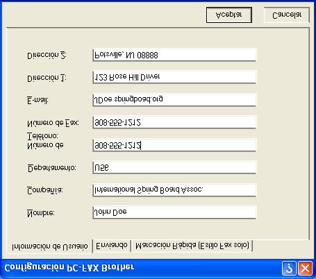 Configuración de la información del usuario Para acceder a la información del usuario desde el cuadro de diálogo Envío por PC-FAX, haga clic en.