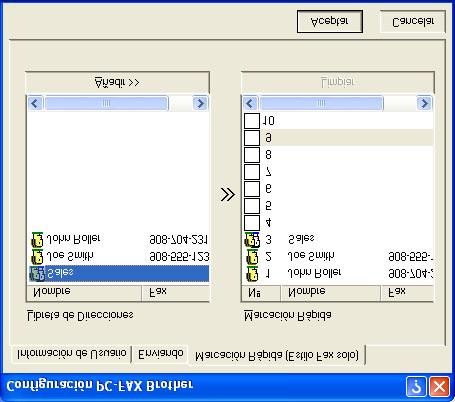 Configuración de Marcación rápida En el cuadro de diálogo Configuración PC-FAX de Brother, haga clic en la pestaña Marcación Rápida.