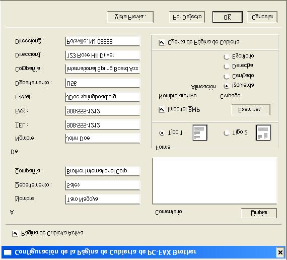 Configuración de una portada En el cuadro de diálogo PC-FAX, haga clic en para acceder a la pantalla de configuración de portada de PC-Fax.