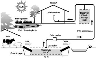 se ejerce una pequeña presión sobre la bolsa de almacenamiento moviendo de esta forma el biogás a donde se necesita. Figura 4.3: Biodigestor de Plástico de Bajo Costo.