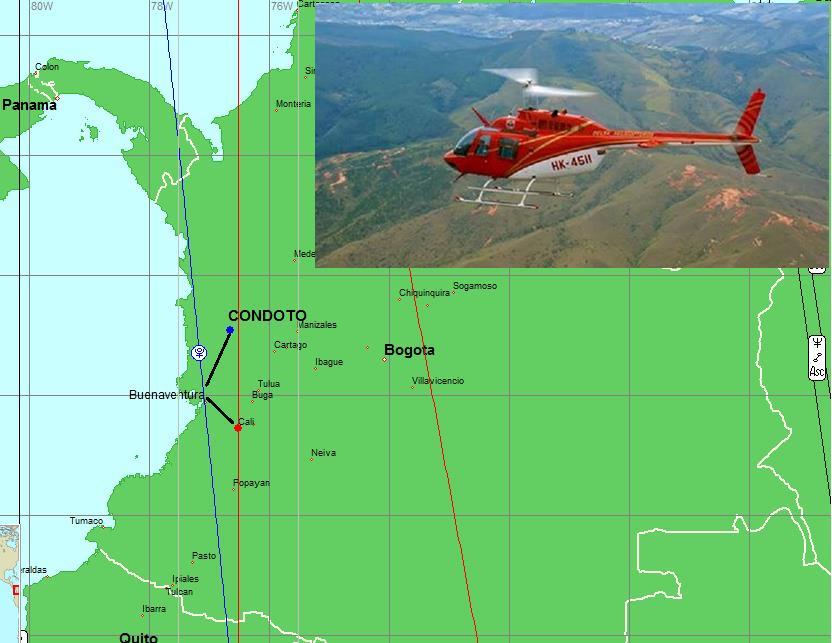 Ruta del helicóptero. Contratado desde Bogotá. Se tomó el servicio en Cali con dirección a Buenaventura.