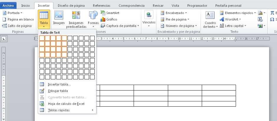 Como ejemplo, podemos ver cómo crear una tabla de 5 columnas por 4 filas, en primera opción Word ofrece una cuadrícula en la que lo único que se tiene que hacer es con el puntero del ratón marcar las