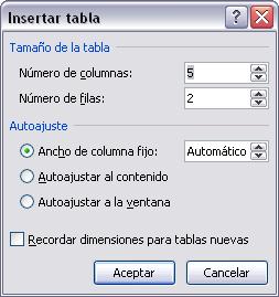 *Otra forma de crear una tabla es con el botón Insertar tabla, éste abre el cuadro de diálogo Insertar tabla, donde se puede marcar el número de columnas y filas que se vayan a necesitar.