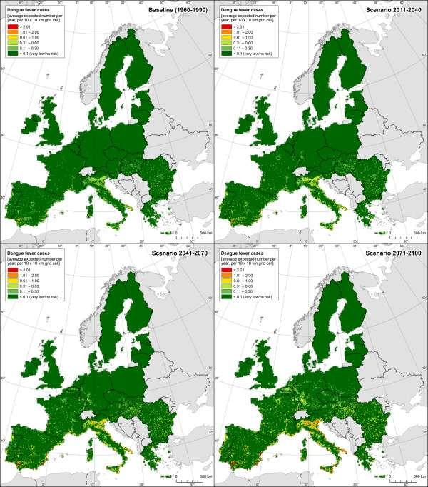 Predicció n de los casos de dengue en Europa Riesgo de dengue = función de variables climáticas (temp.