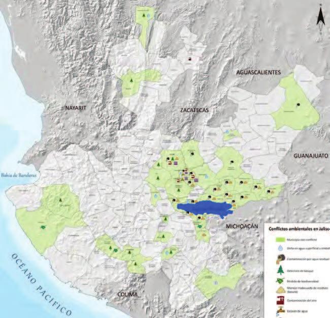 Gráfica 3.2 Conflictos ambientales en Jalisco por municipio y tema de conflicto Fuente: Miriam Vargas y Heliodoro Ochoa.